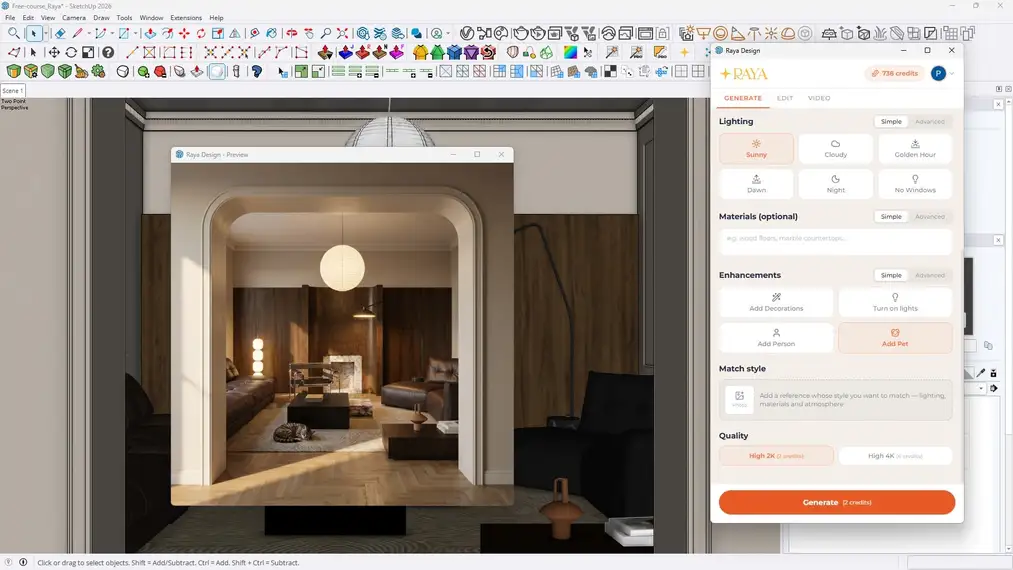 Interior from a&nbsp;SketchUp model and its AI visualization next to the Raya panel with enhancement and style matching options