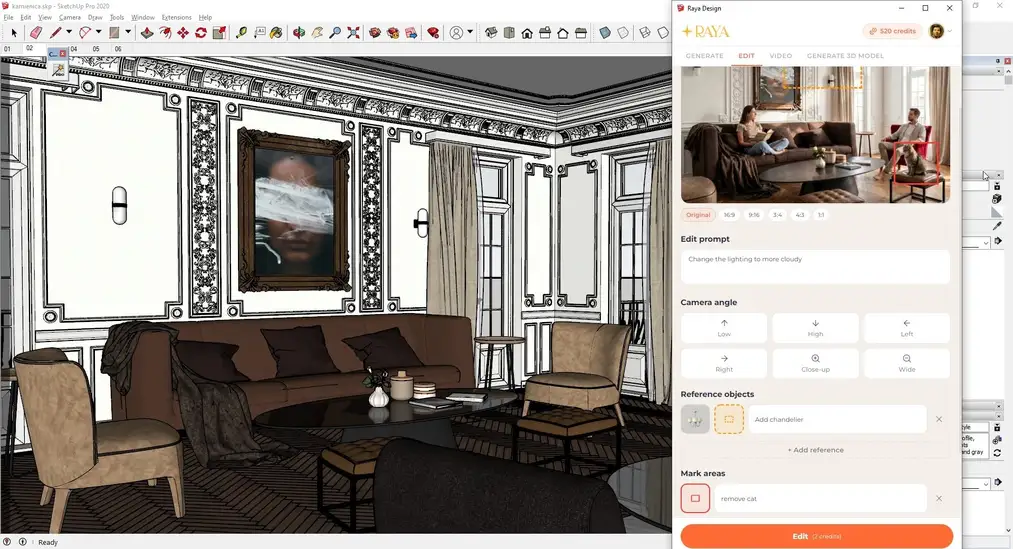 Edit tab in the Raya plugin for SketchUp showing the edit command, camera angle and area selection