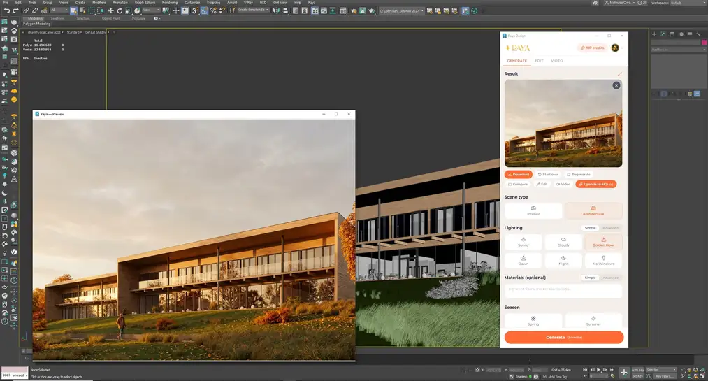 El mismo edificio de 3ds Max en visualización IA a&nbsp;la hora dorada, con vegetación otoñal