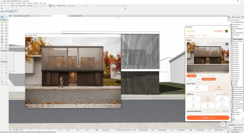 Complemento Raya en ArchiCAD: modelo de una casa en la ventana 3D y visualización AI otoñal en el panel