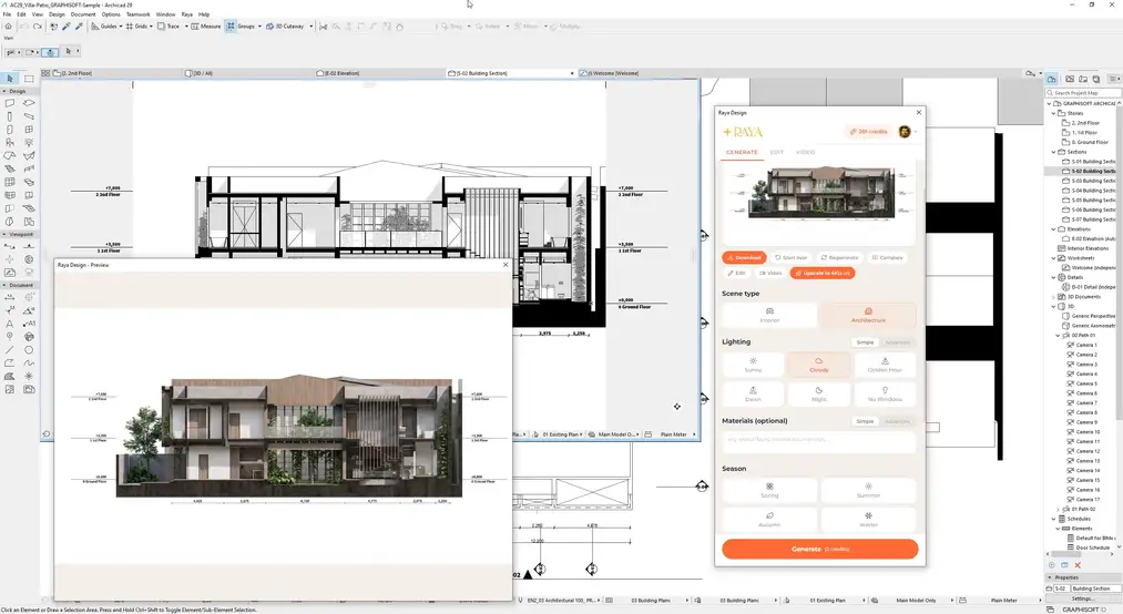 Sección de un edificio en ArchiCAD y su visualización AI con materiales, interiores y vegetación