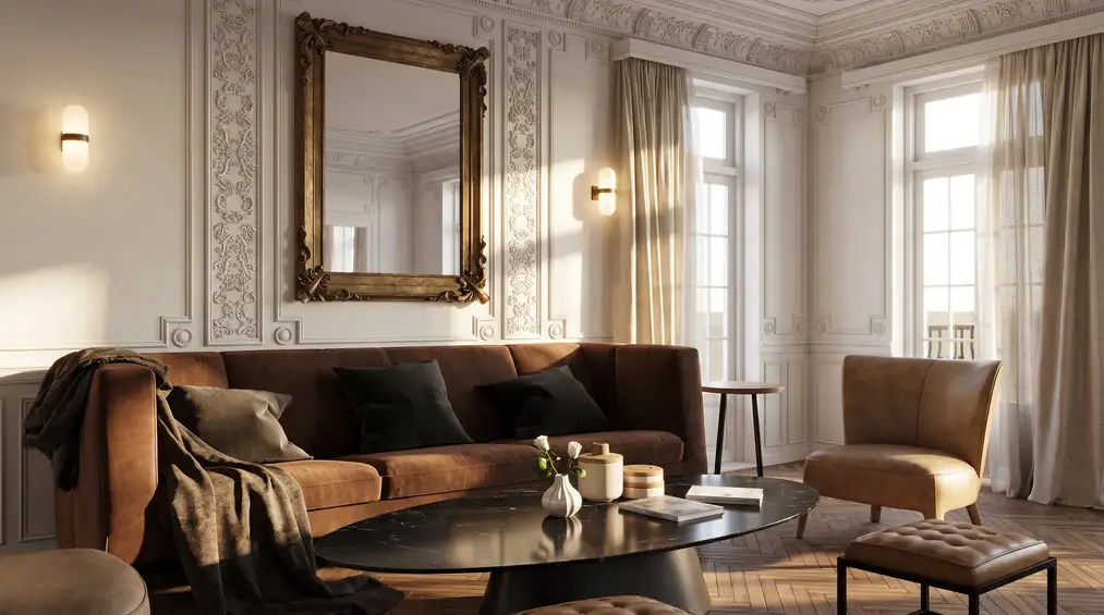 Visualización por IA de un salón clásico con un espejo cuyo reflejo se generó a&nbsp;partir de la geometría del modelo de SketchUp