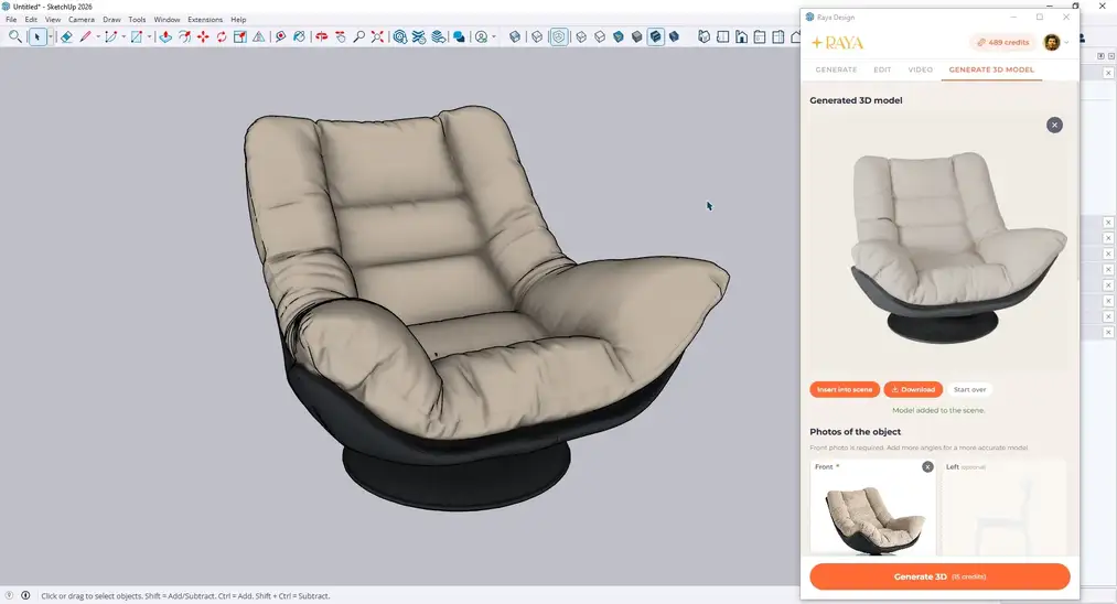 Modelo 3D de sillón generado a&nbsp;partir de una foto e insertado en la escena de SketchUp con un botón del panel de Raya
