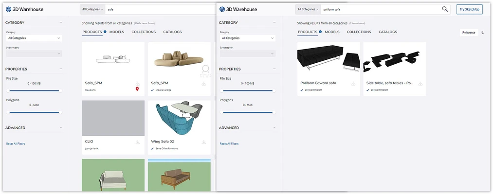 SketchUp 3D Warehouse search filter example