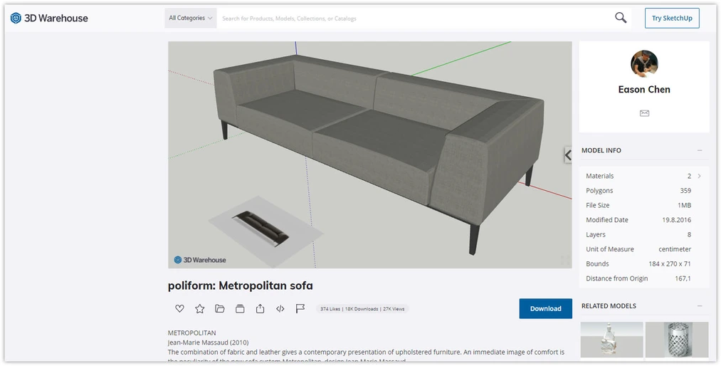 Detailed model page with online preview in SketchUp 3D Warehouse