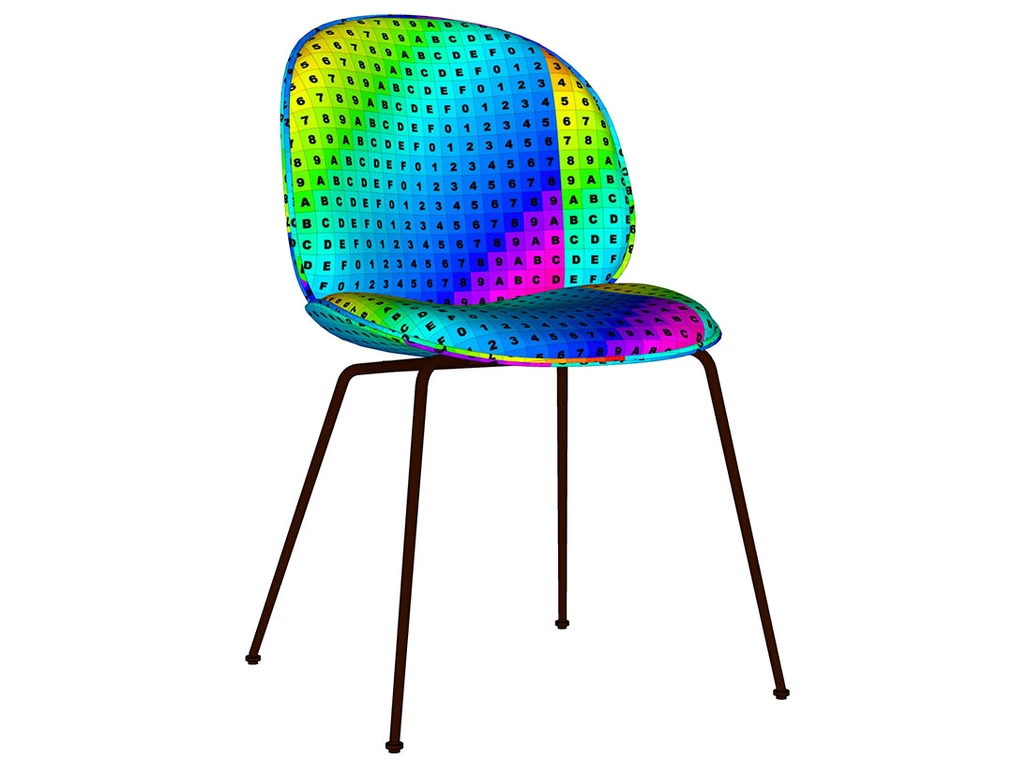 Modelo de la silla tapizada Beetle de Gubi con una textura de terciopelo distribuida correctamente en SketchUp y V-Ray