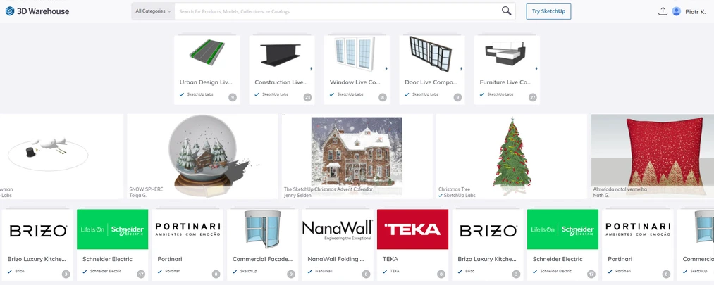 Ventana principal de la biblioteca de modelos de SketchUp 3D Warehouse