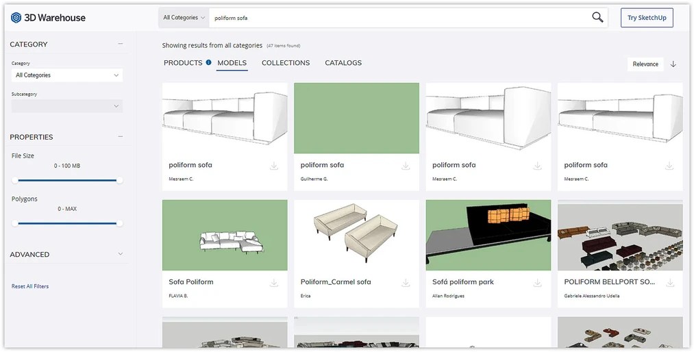Resultados de búsqueda en las categorías Models vs Products en SketchUp 3D Warehouse