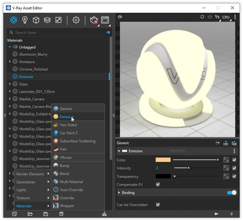 Material Emissive de V-Ray en Asset Editor – tutorial de iluminación de espejo SketchUp V-Ray Asset Editor material Emissive para iluminar espejo