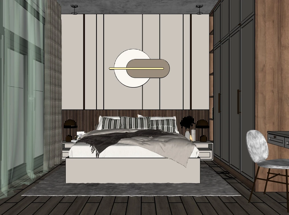 SketchUp software interface with an open 3D model of a&nbsp;bedroom. Conceptual visualization in interior design.