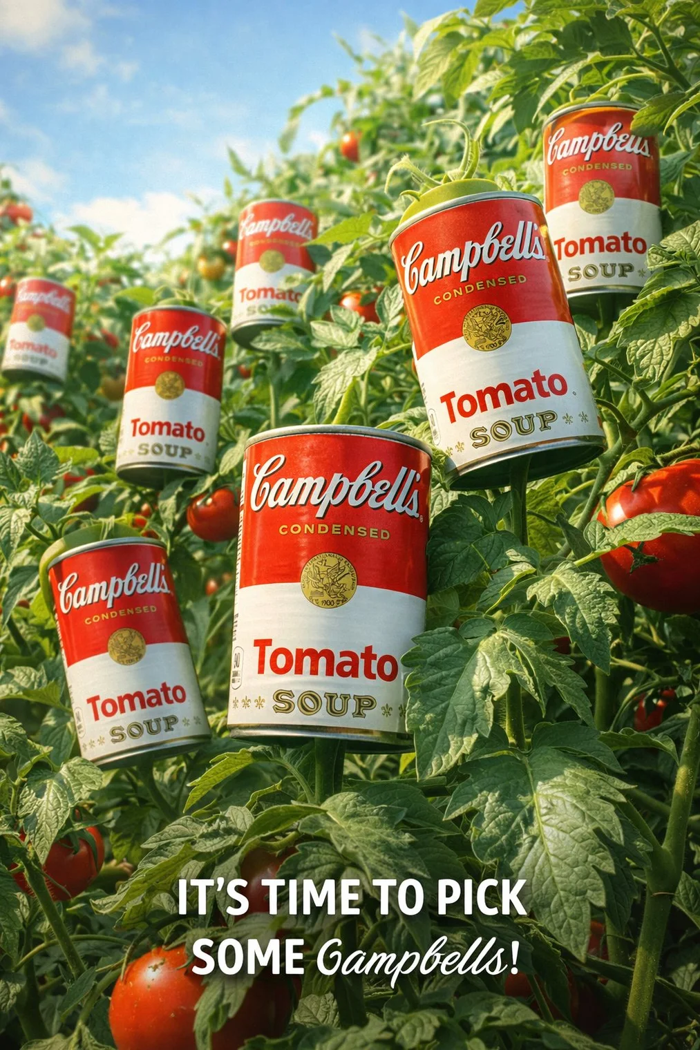 Test 8 GPT Image 1.5 advertising graphic – Campbell's cans growing on tomato bushes