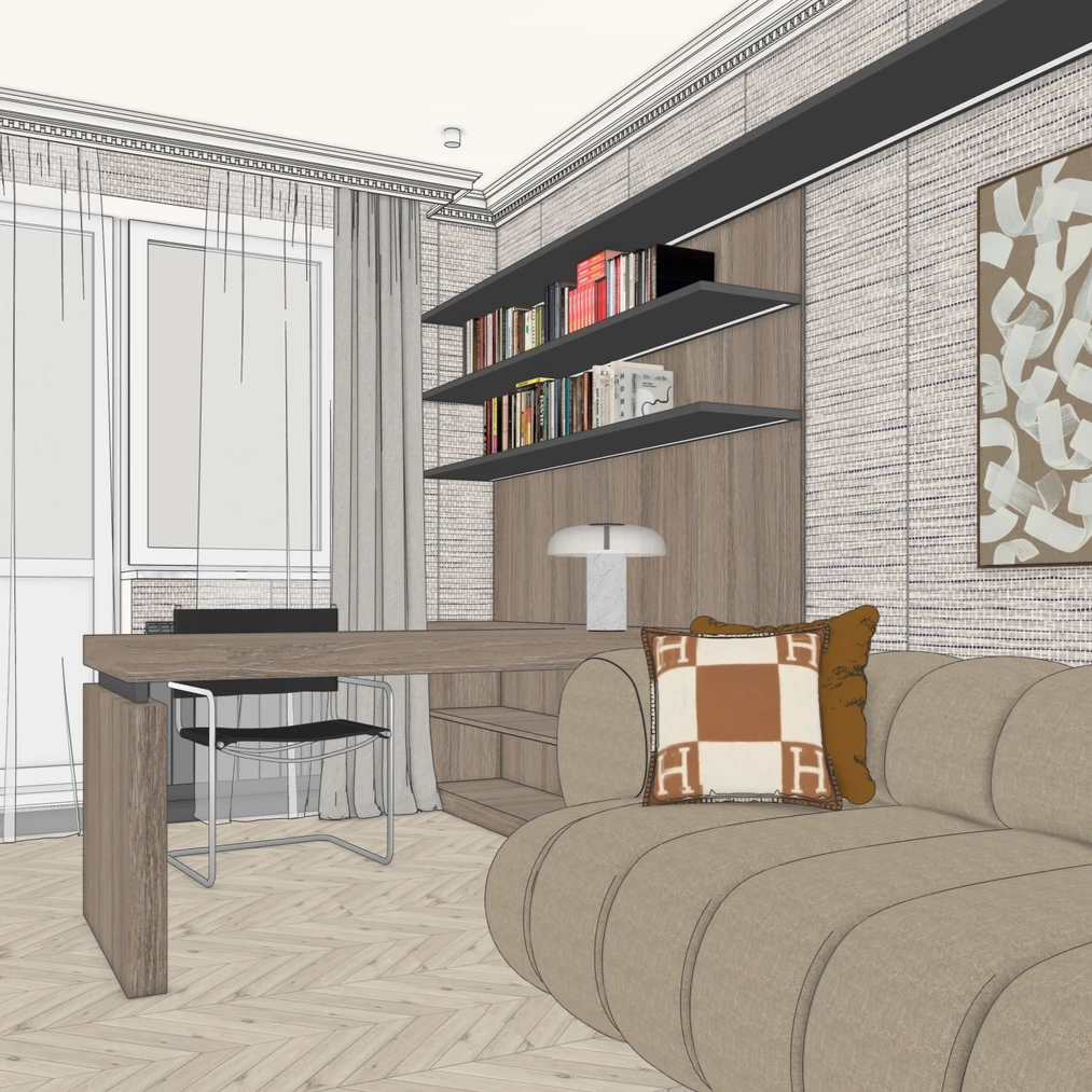 Raw interior model from SketchUp and photorealistic AI rendering generated by Raya.design