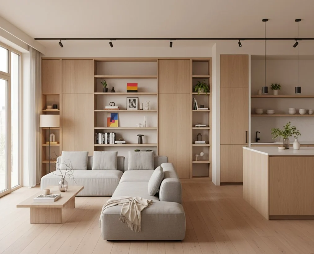 Example of a&nbsp;modern living room with open shelves and hidden storage