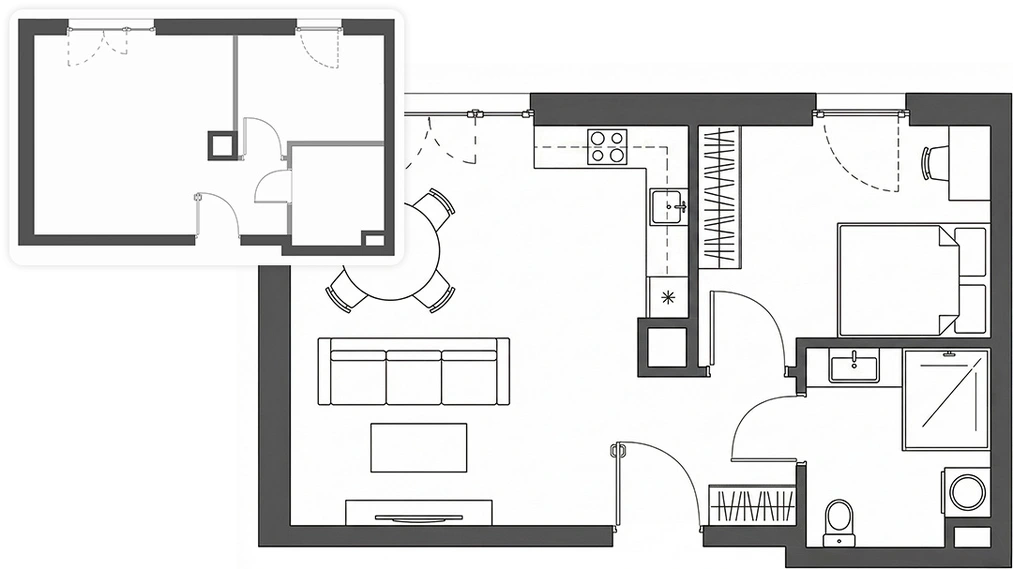 Process of furnishing raw developer floor plans using artificial intelligence Nano Banana Pro in interior design - the complete guide with ready prompts!- 02