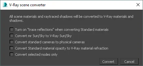 Screenshot of V-Ray Scene Converter in 3ds Max – converting materials
