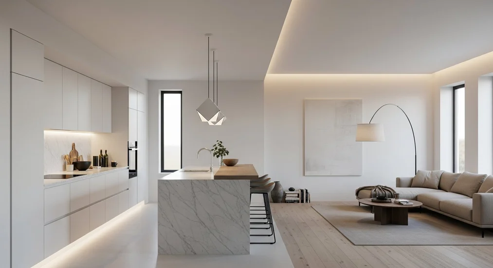 Multi-zone lighting in living room with kitchen annex