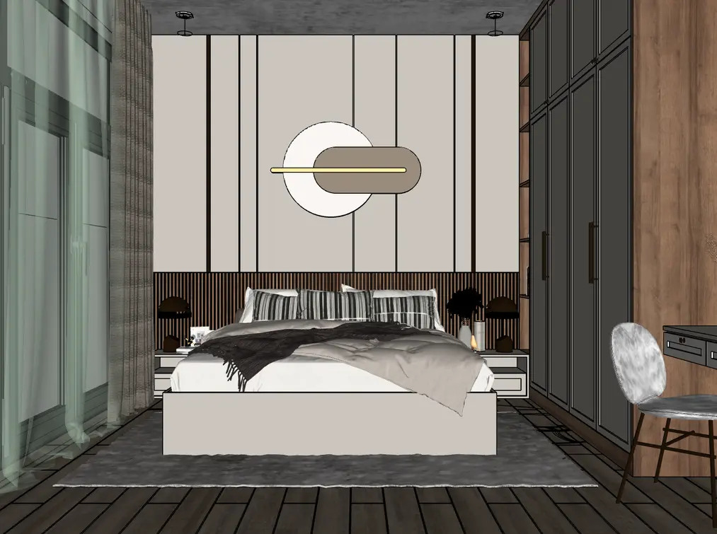 Interfaz de SketchUp con un modelo 3D de dormitorio abierto. Visualización de un concepto en diseño de interiores.