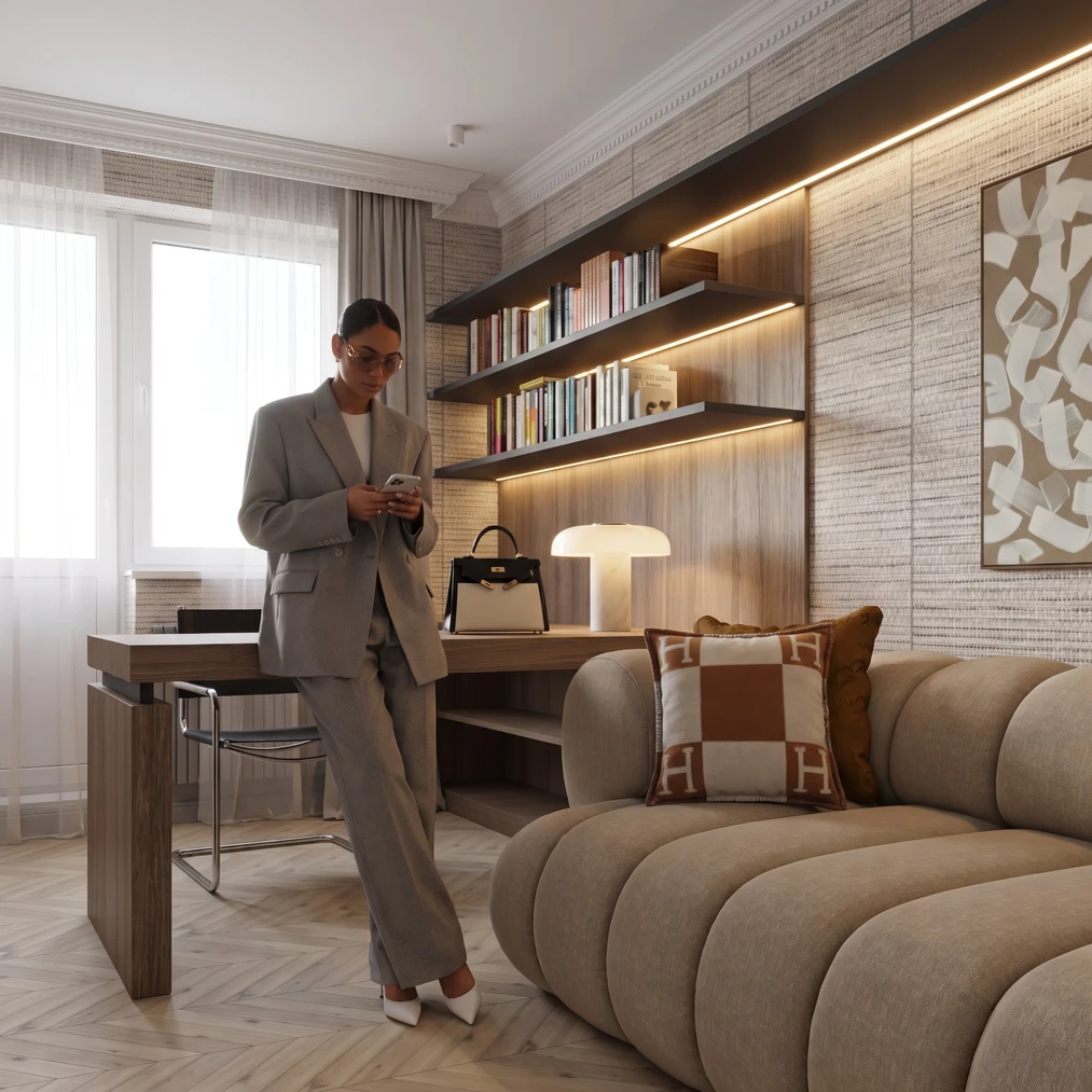 Modelo en bruto de un interior de SketchUp y visualización fotorrealista AI generada por Raya.design