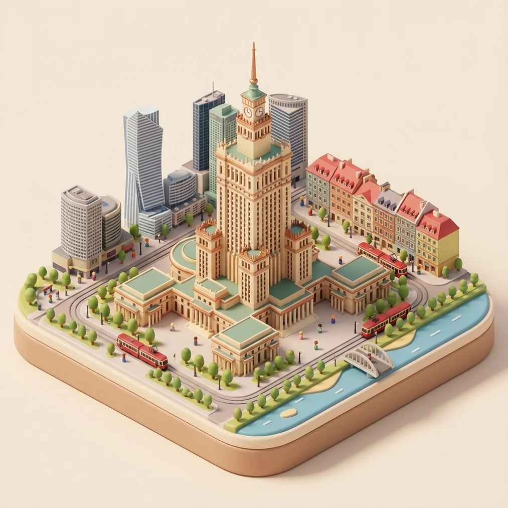 Generación de diorama 3D del centro de Varsovia con Nano Banana Pro