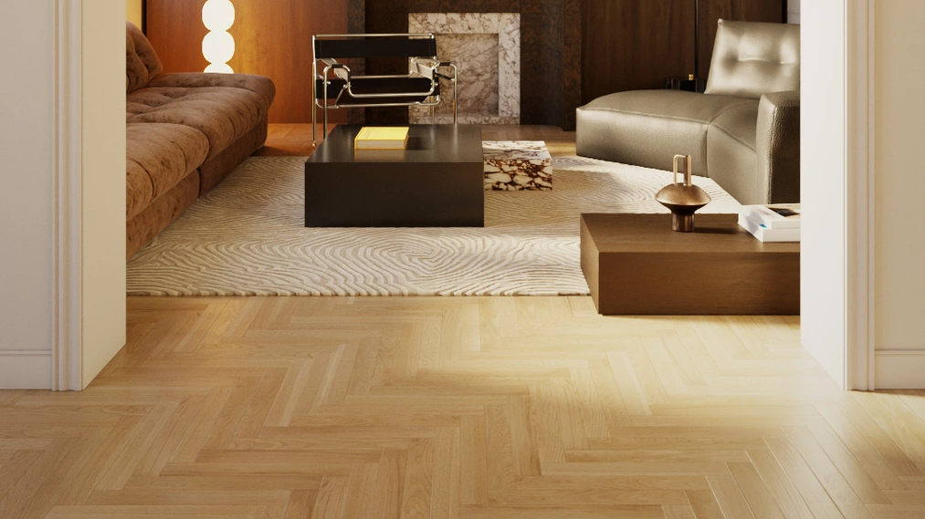 Proyecto de muestra de un interior con espiga clásica de roble