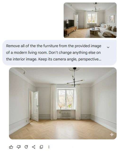 Eliminación de muebles de la imagen con ayuda del modelo AI - Nano Banana Nano Banana - Cómo editar una imagen o un gráfico?- 03