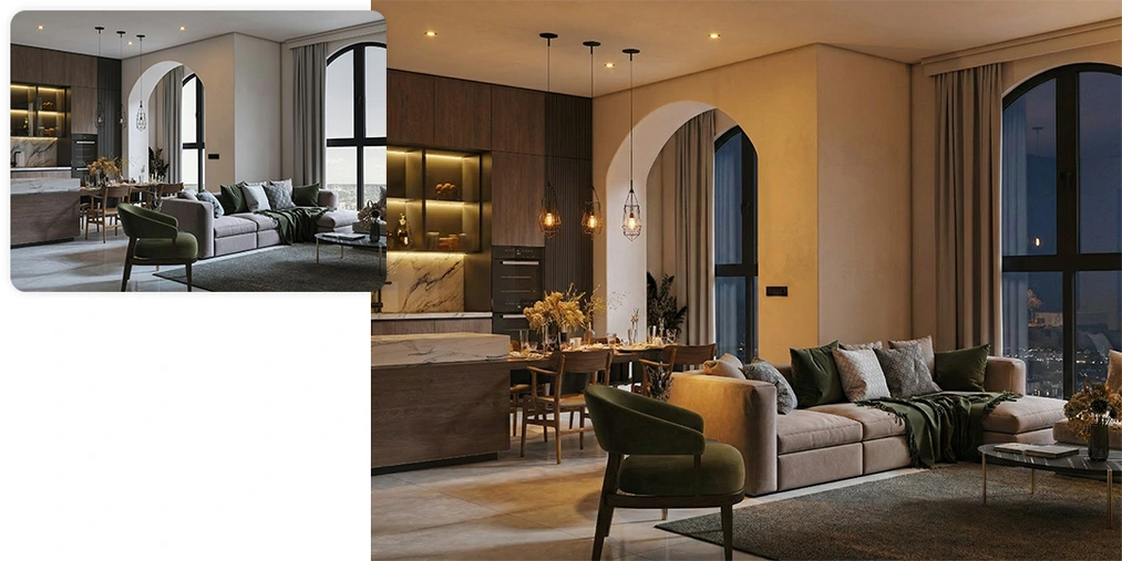 Conversión de vista con iluminación diurna a ambiente nocturno con Nano Banana Pro Nano Banana Pro en diseño de interiores - guía completa con prompts listos - 05