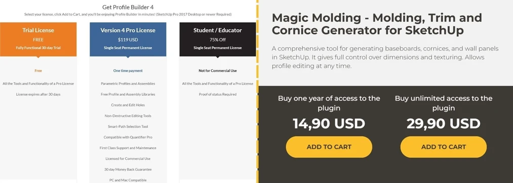 Comparación de precios de complementos para SketchUp: Profile Builder 4 vs Magic Molding