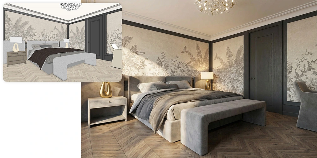 Conversión de una vista básica de dormitorio en SketchUp a una visualización fotorrealista con Nano Banana Pro SketchUp y Nano Banana Pro: ¡visualizaciones fotorrealistas en 5 minutos! ¿Es este el fin de V-Ray?- 01