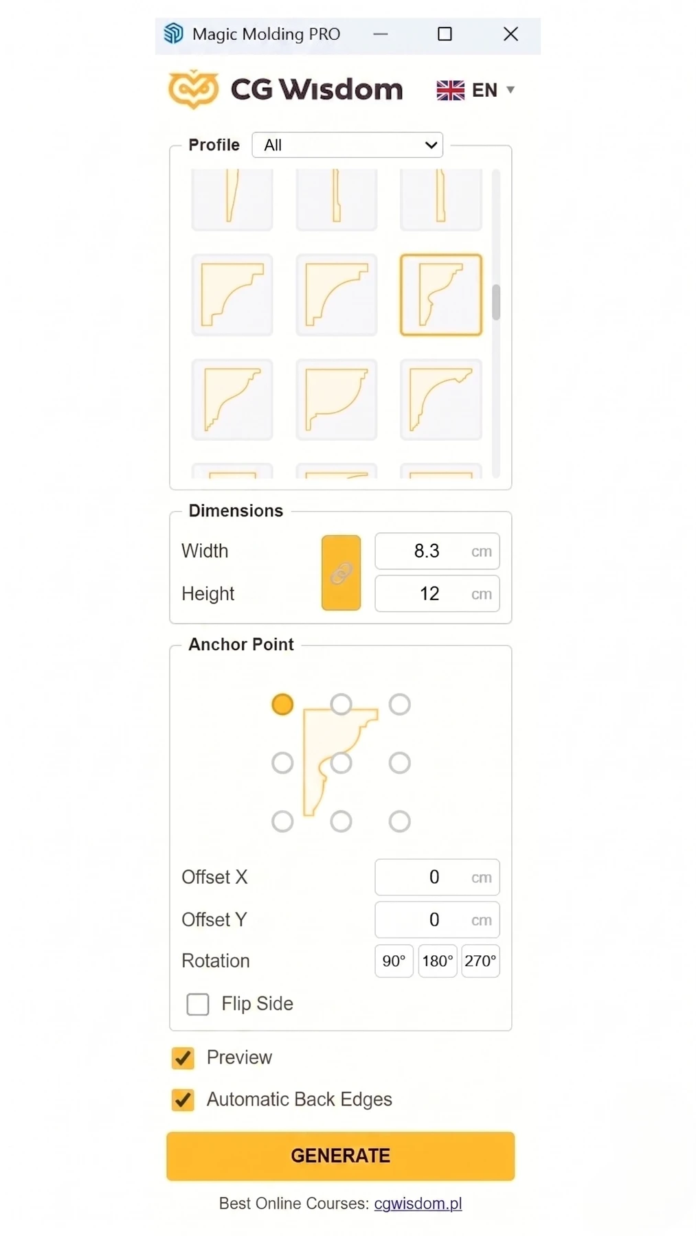 Selecting a ready-made molding profile from the library in the Polish panel of the Magic Molding plugin