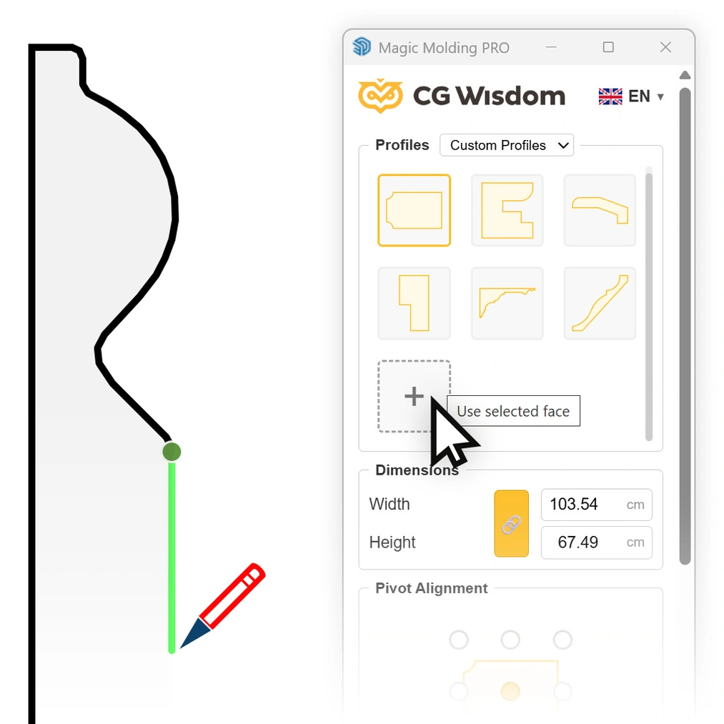 Selecting the molding profile anchor point in the panel of the Magic Molding plugin