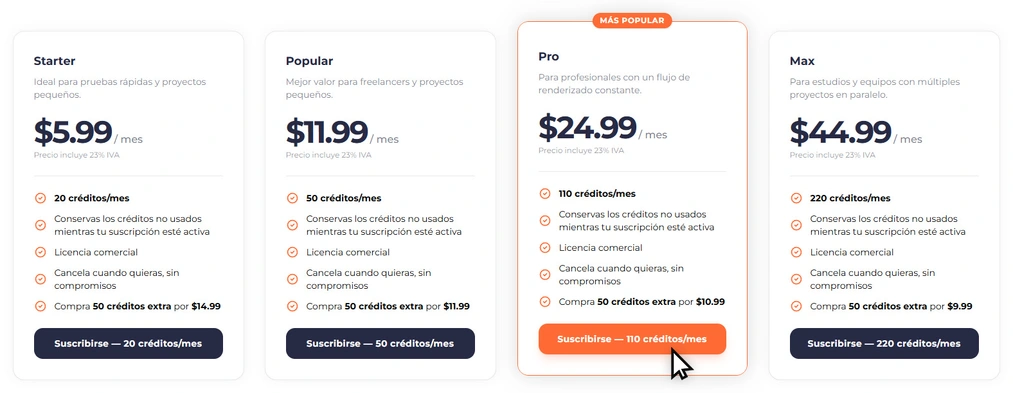 Lista de precios de raya.design en la página web